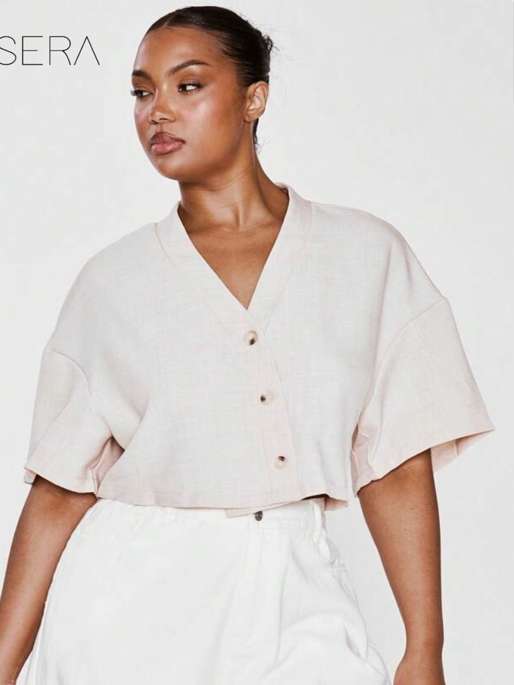 Light V-Neck Cropped Button Front Top